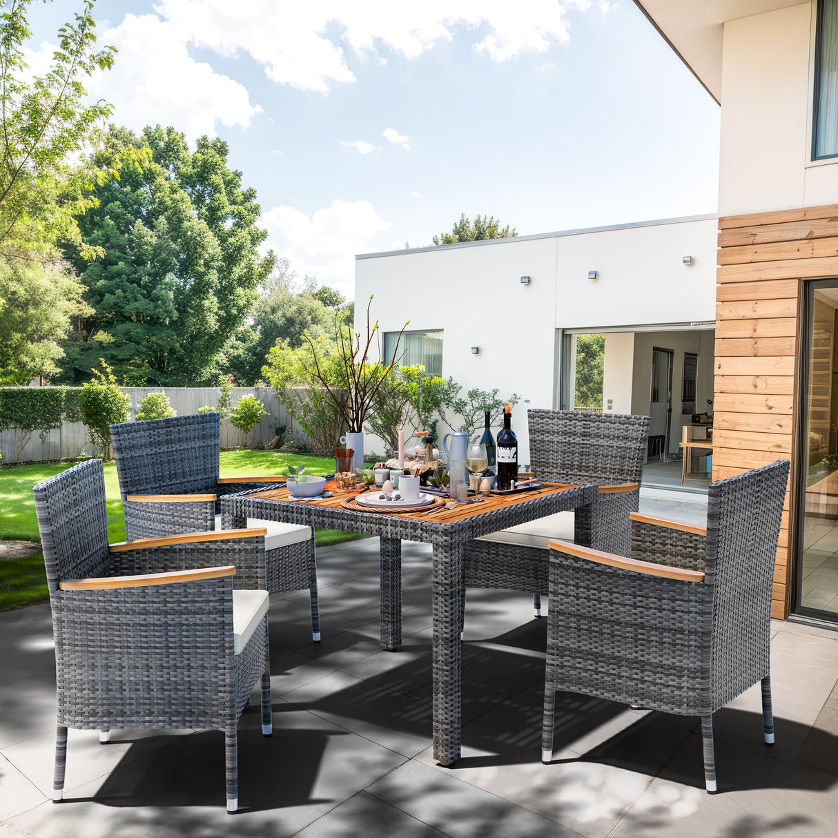 Shintenchi 5 Piece Patio Dining Set, Wicker Patio Conversation Set with Wooden Table Top, Outdoor Table and Chairs with Soft Cushions for Backyard, Deck and Garden, Grey Wicker Shintenchi