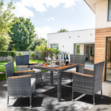 Shintenchi 5 Piece Patio Dining Set, Wicker Patio Conversation Set with Wooden Table Top, Outdoor Table and Chairs with Soft Cushions for Backyard, Deck and Garden, Grey Wicker Shintenchi