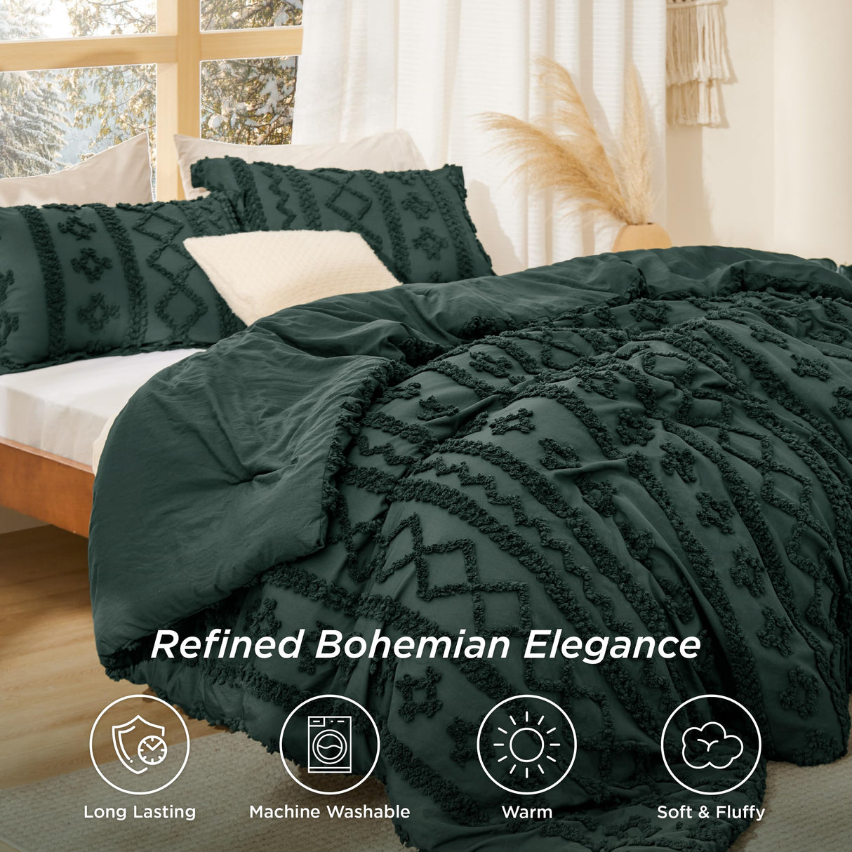 Bedsure Tufted Boho Comforter Set King Size - Emerald Green Boho Bed Set, GentleSoft™ 3 Pieces Farmhouse Shabby Chic Embroidery Bedding, Gifts for Woman, Soft Jacquard King Comforter for All Seasons Bedsure
