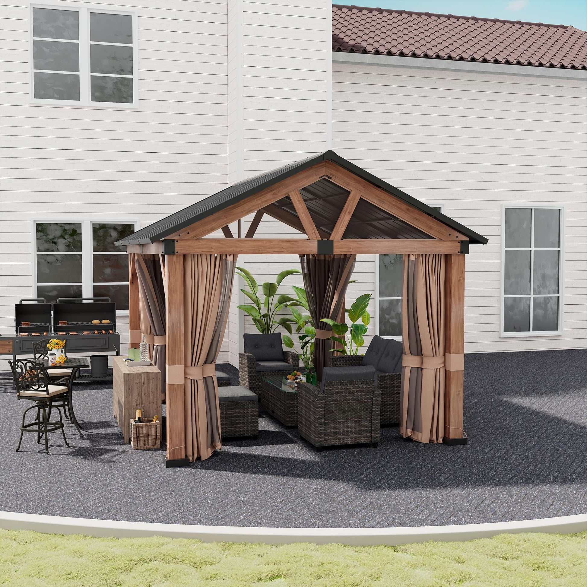 Boyel Living 11ft x 13ft Hardtop Gazebo,Wooden Frame,Outdoor Patio Deck Yard Lawn Backyard Gazebo with Curtains - WoodArtSupply