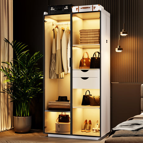 FREDEES Storage Cabinet with 3 Color LED lights - Organizer with Human Sensor Design - 2 Drawers&6 Shelves - Wardrobe Armoire with 2 Acrylic Door - Closet for Bedroom Furniture,White FREDEES