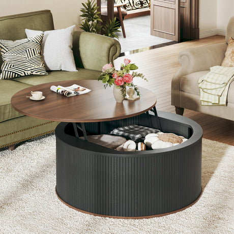 HUAHUU Round Coffee Table with Storage, 31.5" Lift Top Coffee Table, Mid Century Modern Coffee Tables for Living Room, Apartment Office, Fluted Table with Rustic Wood Desktop HUAHUU