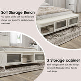 Halitaa Farmhouse Full Bed Frame with Storage, Full Size Bed Frame with 51" Tall Headboard & Charging Station,Wood Platform Bedframe with Led Lights & Storage Bench, No Box Spring Needed,White Halitaa