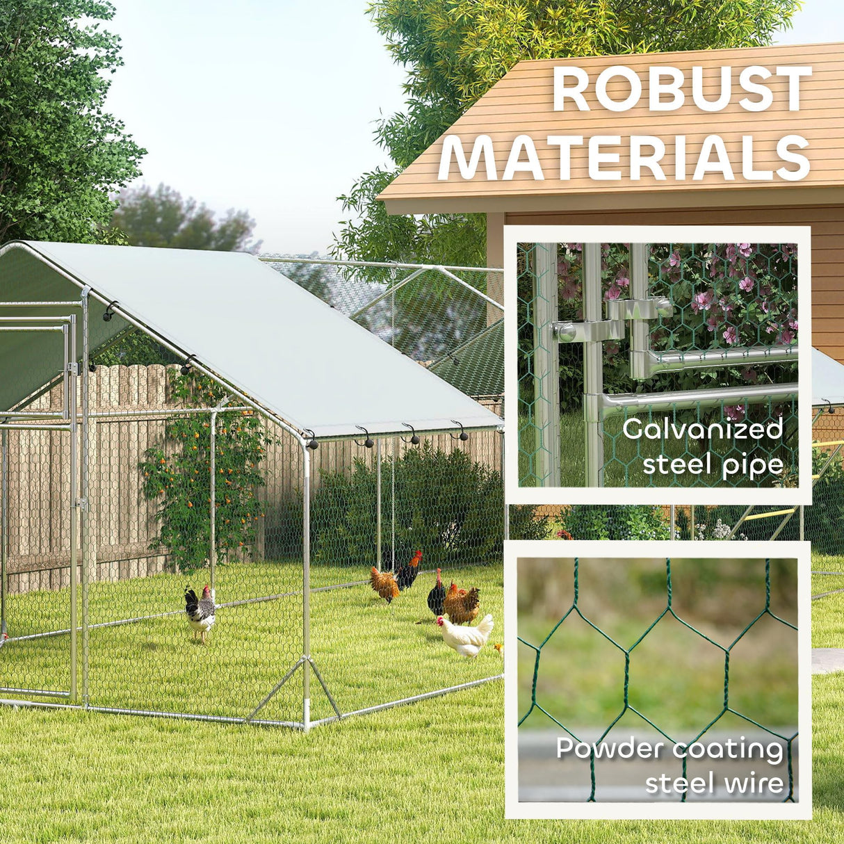 PawHut Chicken Run, Large Metal Chicken Coop w/Waterproof & Anti-UV Cover, Feeding Door, Hanging Feeder, Perch, Walk-in Poultry Cage for Outdoor, Yard, Farm, for 24-30 Chickens, 9.8' x 26.2' x 6.4' PawHut