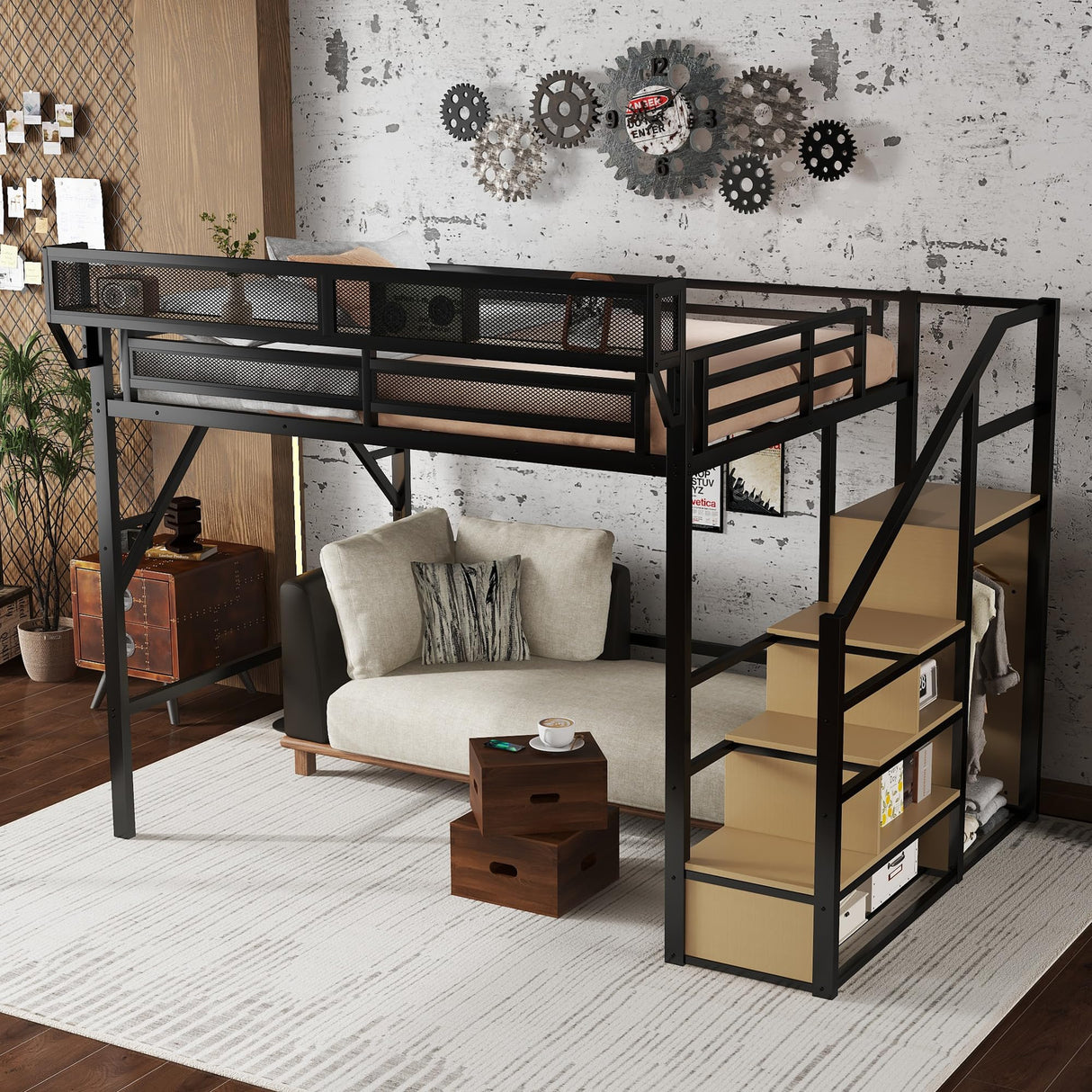 Mirightone Queen Size Loft Bed with Stairs, Metal Loft Beds, High Loft Bed Frame with Storage Shelves, Lofted Queen Bed with Wardrobe for Adults and Teens, No Box Spring Needed (Black+Natural) Mirightone