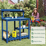 FOOWIN Potting Bench, HDPE Outdoor Potting Table with Sink, All-Weather Potting Benches for Outside, Gardening Table with Storage Shelf, Hook, for Garden, Patio, Lawns, Navy Blue FOOWIN