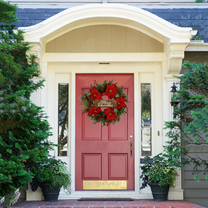 AMF0RESJ 20 inch Artificial Christmas Wreath Winter Wreath with Poinsettia,Eucalyptus Leaves,red Berry,Pine Cones,Pine Needles for Indoor Outdoor Farmhouse Home Wall Window Festival Wedding Decor