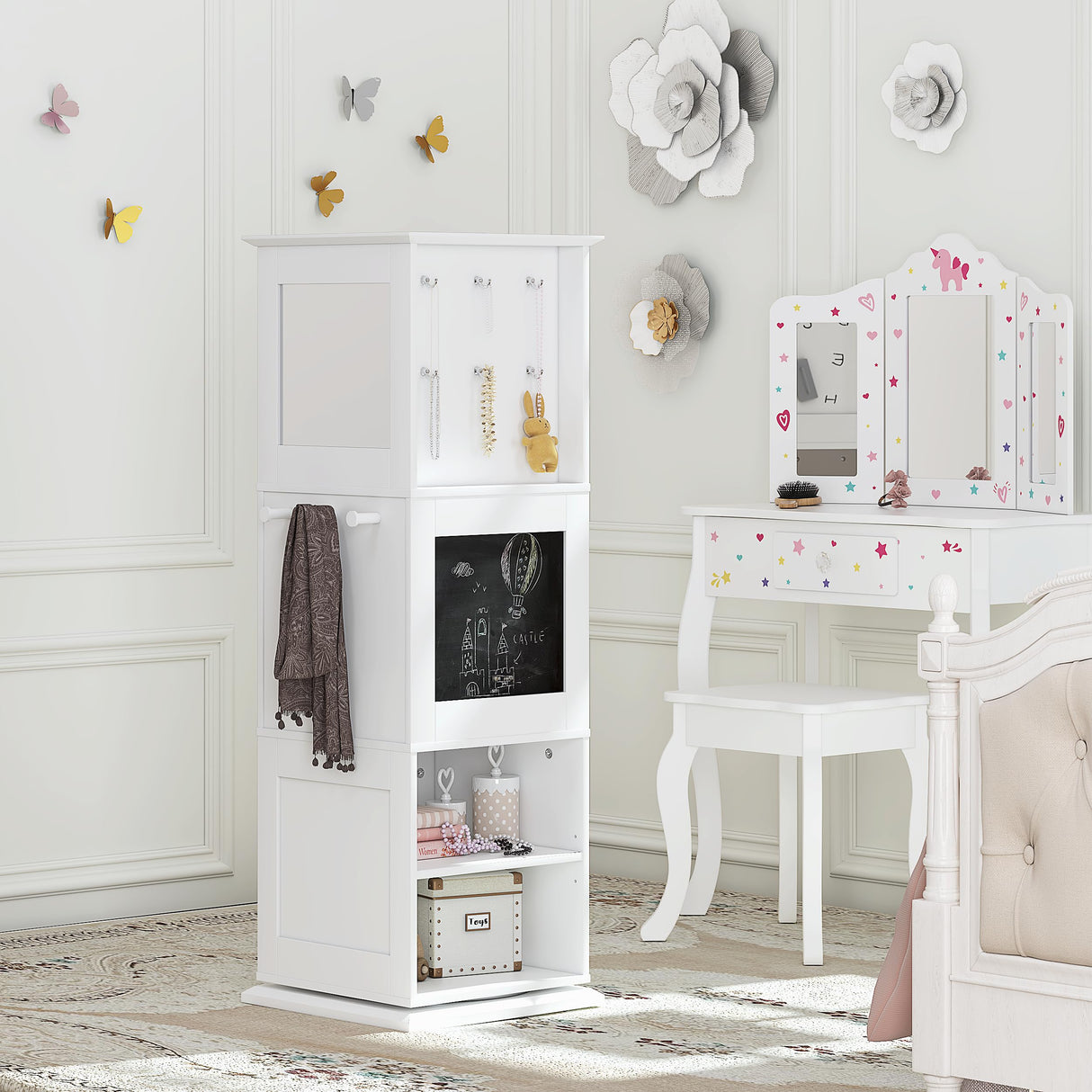 UTEX Kids Rotating Bookshelf Tower, 360 Display Revolving Bookcase with Blackboards and Hooks, 5 Tier Small Spinning Bookshelf for Kids Room, Nursery, Bedroom, Living Room, White UTEX