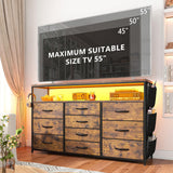 EnHomee Dresser for Bedroom with 10 Fabric Drawers, Dresser with LED Lights & Power Outlets, 55" TV Stand Dresser with Side Pockets and Wood Open Shelves for Bedroom, Entryway, Rustic Brown EnHomee