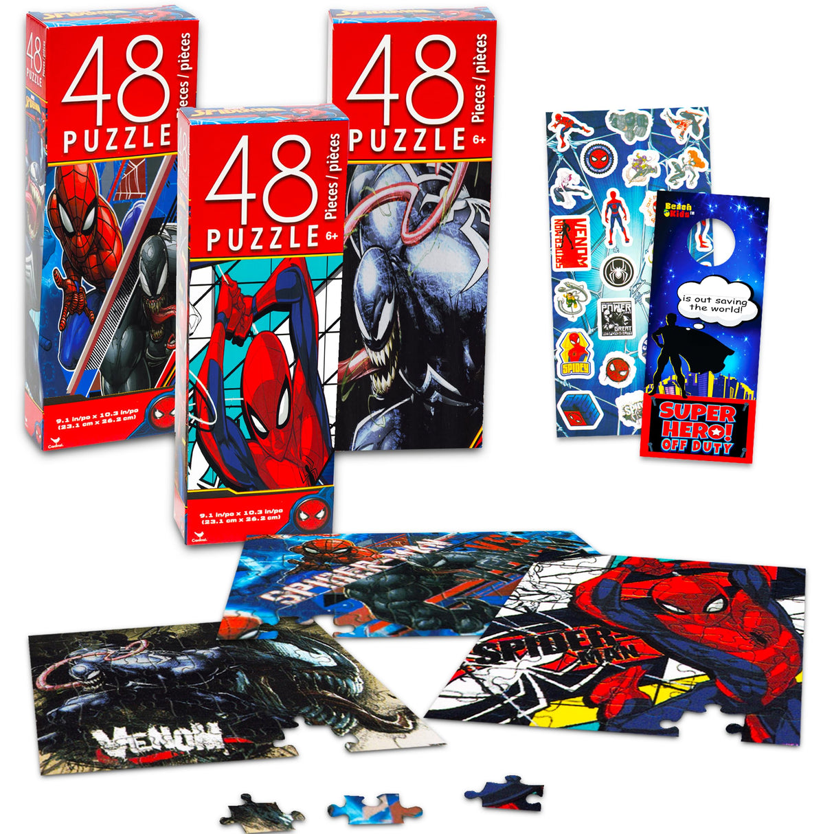 Marvel Spiderman Jigsaw Puzzle for Kids Bundle Spiderman Activity Set - 3 Pack Spiderman Jigsaw Puzzles 48 Piece Each with Spiderman Stickers (Spiderman Toys for Boys) Marvel
