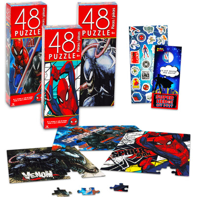 Marvel Spiderman Jigsaw Puzzle for Kids Bundle Spiderman Activity Set - 3 Pack Spiderman Jigsaw Puzzles 48 Piece Each with Spiderman Stickers (Spiderman Toys for Boys)