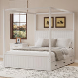 JIJIWANG Queen Size Canopy Platform Bed with Drawers and Trundle for Saving Space Solid Wood Bed Frame with 4 Poster and Headboard, White JIJIWANG