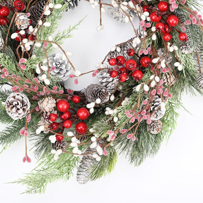 Christmas Wreath for Front Door, 24 inch Winter Wreaths with Natural Pine Cones, Red Berries,Spruce Branches,Xmas Indoor Outdoor Holiday Party Thanksgiving Decorations