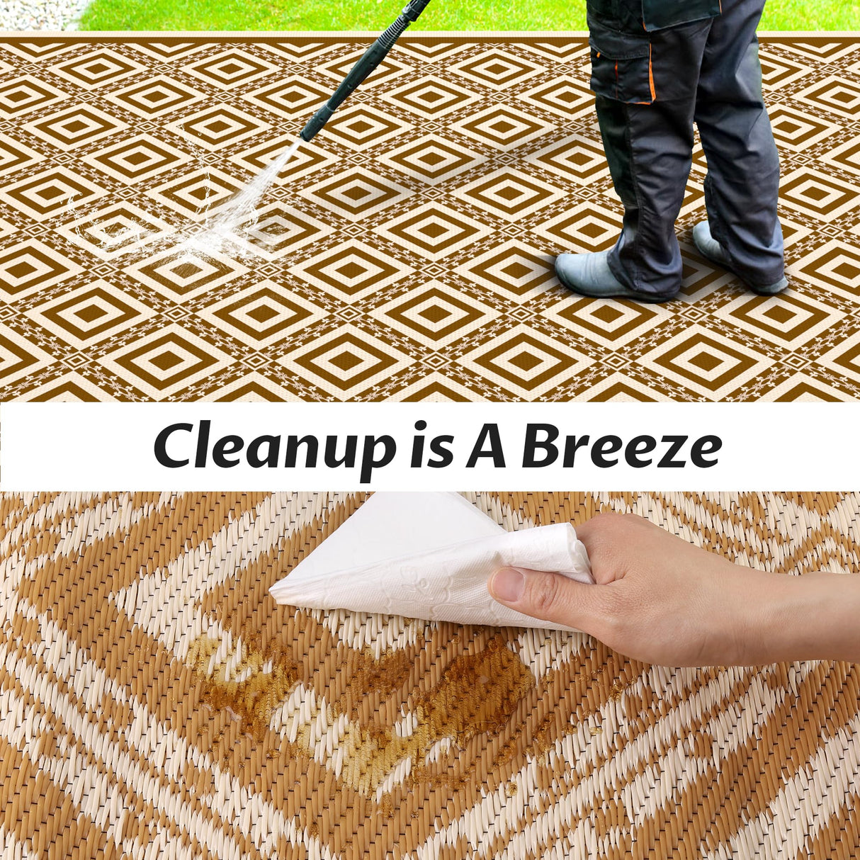 RV Outdoor Rug with Lights 8x10ft, Outdoor Camping Rug, Waterproof, Easy Cleaning, Non Shedding, Foldable and Portable, Reversible Mats for RV, Deck, Beach, Camping, Patio, Picnic (Brown & White) Pafolo