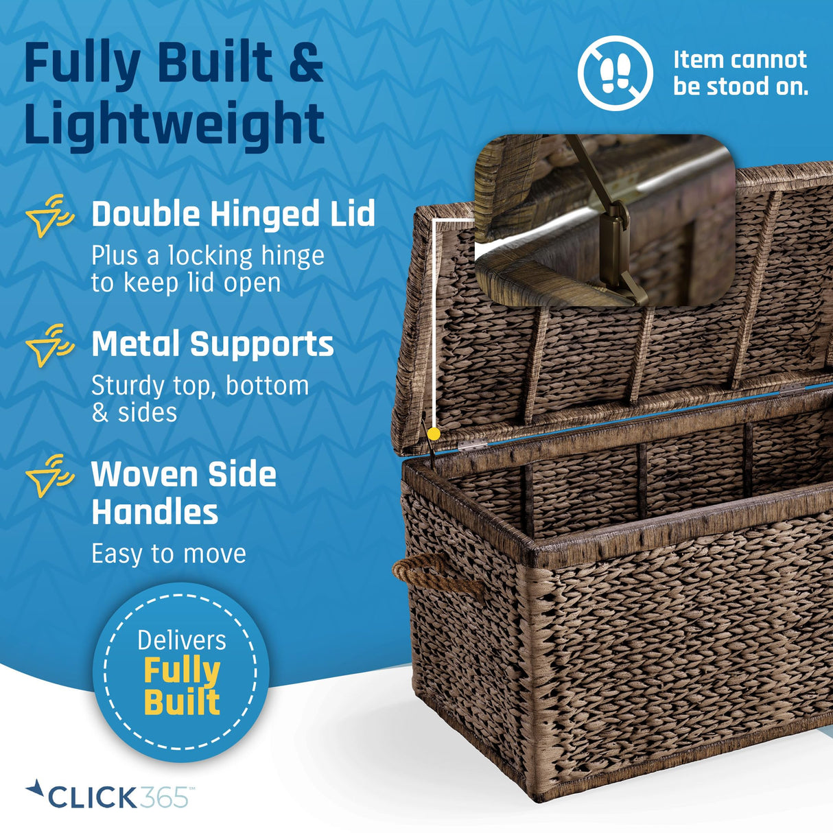 Click365 Storage Trunk, Farmhouse Style, Extra Large (33”), Deep, Woven Wicker Chest With Metal Frame, 2 Handles, Flip Top Lid and Stay Open Safety Hinges, Sustainable Eco Material, Rustic Brown ClickDecor