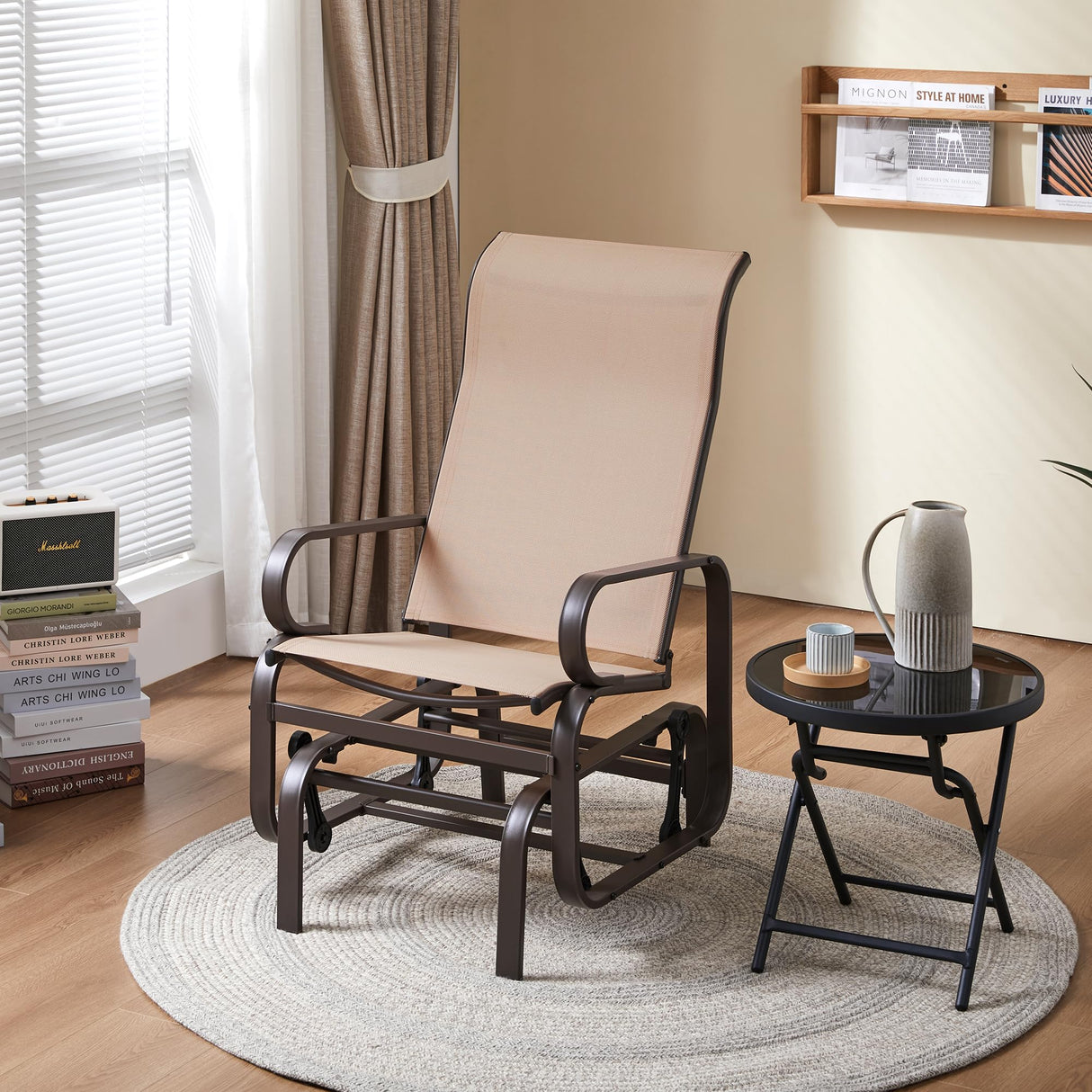 Yaheetech Outdoor Glider Chair, Lounge Rocking Chair with Sling Fabric and Steel Construction, Patio Swing Gliding Chairs for Porch Balcony Backyard, Beige, Set of 2 Yaheetech