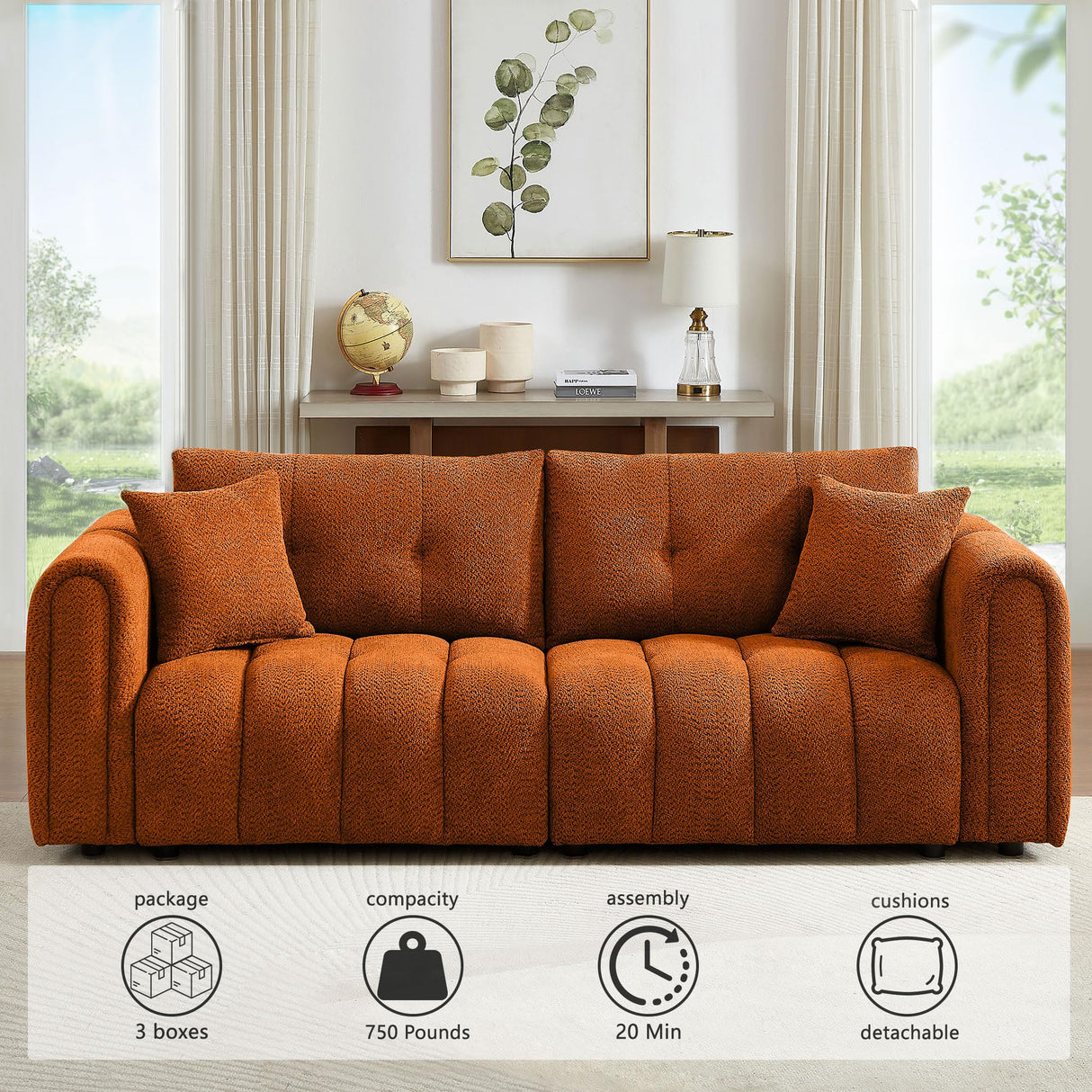 91.5" Modern Boucle Sofa with Deep Seat, 3 Seater Comfy Sherpa Cloud Couch, Oversized Loveseat Mid-Century Modern Tufted Couches for Living Room Apartment Lounge, Orange Elevyoliv