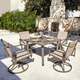 NATURAL EXPRESSIONS Patio Swivel Dining Set of 5, 4-Piece Mesh Sling High Back Chairs, 1-Piece 38" Square Woodgrain Steel Dining Table with 1.65'' Umbrella Hole for Outdoor Garden Yard NATURAL EXPRESSIONS