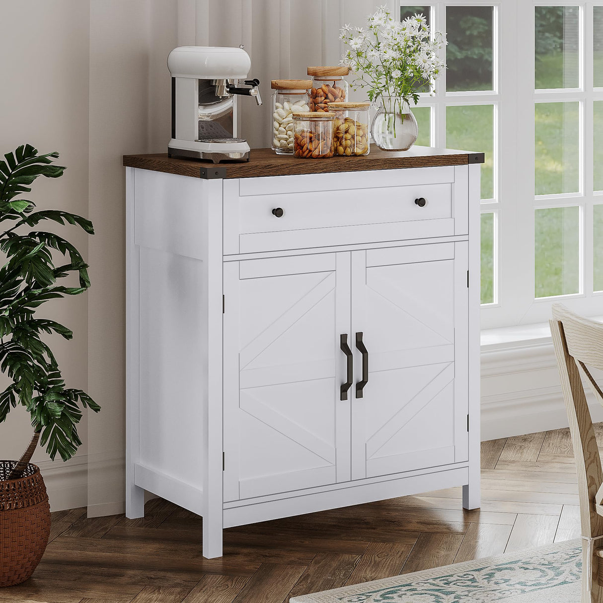 ChooChoo Kitchen Storage Cabinet, Coffee Bar Cabinet, Buffet Sideboard Cabinet with Drawer, Entryway Cabinet for Kitchen, Living Room, White ChooChoo