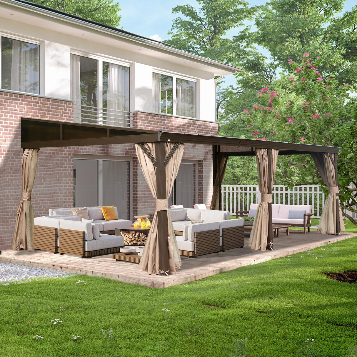 Domi 12x20FT Lean to Gazebo, Hardtop Wall Mounted Gazebo with Sloping Galvanized Steel Roof, Aluminum Frame, Drainage System, Curtains and Netting, for Patio, Deck, Garden, Backyard domi outdoor living