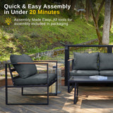 EAST OAK Courtyard Patio Furniture Set, 4-Piece Outdoor Patio Set with Sofa, Removable & Washable Deep Seating Cushion, Tempered Glass Table, Outside Patio Conversation Sets, Black & Dark Grey EAST OAK