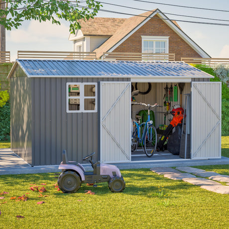 12x10 FT Outdoor Storage Shed with Floor Frame & Window, Heavy Duty Metal Garden Tool Shed with Double Lockable Doors, Waterproof Backyard Utility Shed for Bikes, Lawn Mowers, Tools, Equipment Mulinsonfly