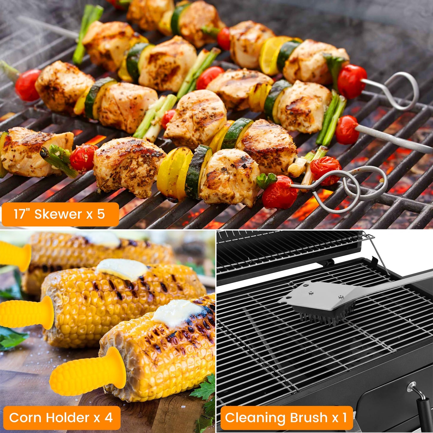 Grill Accessories Kit, Stainless Steel Grill Tool Set with 4-in-1 BBQ Spatula, Grill Fork, Grill Tong, Grill Grush, Skewers, Silicone Corn Holders, Grilling Gift Set for Men and Women