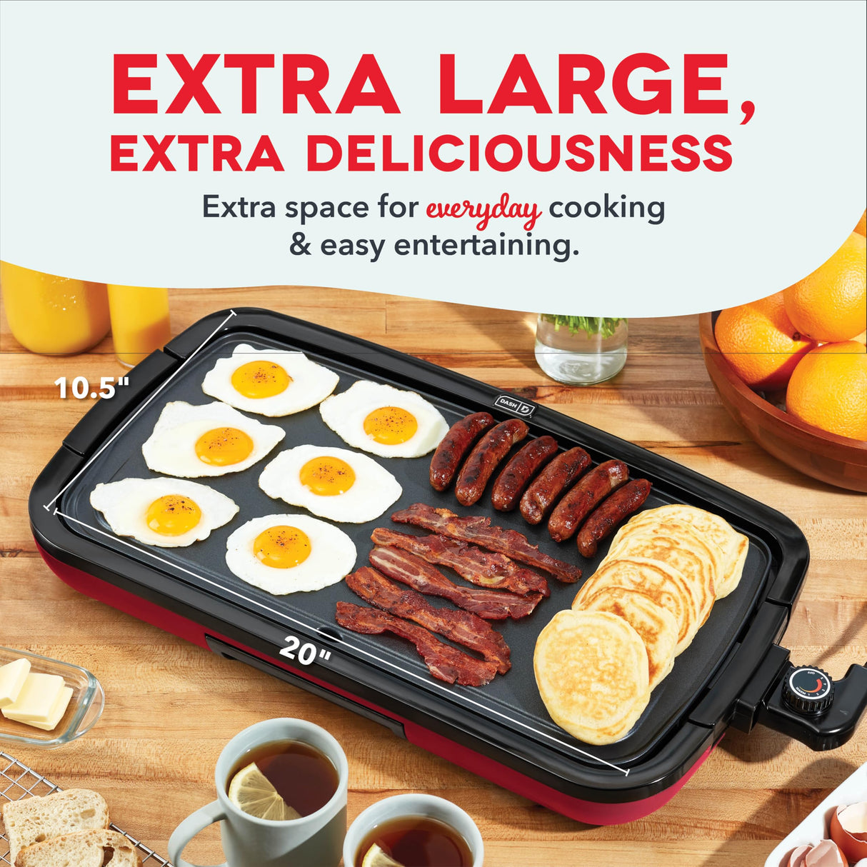 DASH Deluxe Everyday Electric Griddle with Dishwasher Safe Removable Nonstick Cooking Plate for Pancakes, Burgers, Eggs and more, Includes Drip Tray + Recipe Book, 20” x 10.5”, 1500-Watt - Red DASH