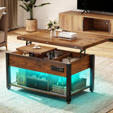 YITAHOME 4-in-1 Lift Top Coffee Table with RGB Light & Dual Tops, Multi-Function Table with Power Outlets, Storage, Converts to Dining Table Computer Desk Gaming Hub, Living Room, Home Office, Brown YITAHOME