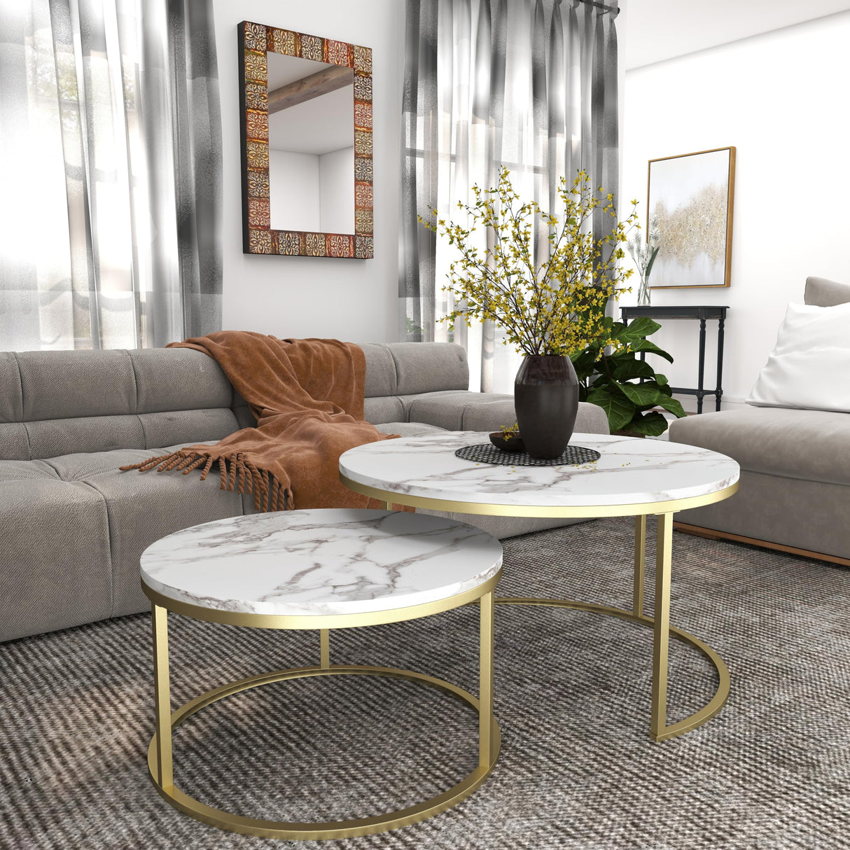 Xinyvee Nesting Coffee Table Set of 2, 31.5" Round Coffee Table Wooden Marble Pattern Accent Furniture, Industrial End Table for Living Room Bedroom Balcony (White/Gold) Xinyvee