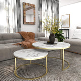 Xinyvee Nesting Coffee Table Set of 2, 31.5" Round Coffee Table Wooden Marble Pattern Accent Furniture, Industrial End Table for Living Room Bedroom Balcony (White/Gold) Xinyvee