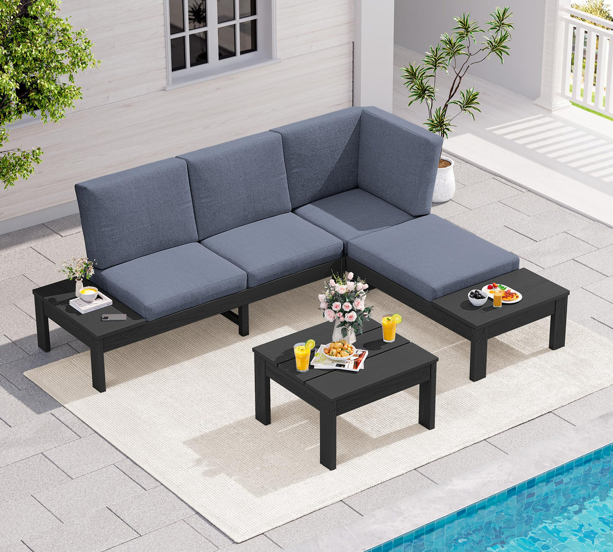 SERWALL HDPE Patio Furniture Set, All-Weather Outdoor Sofa Set, Seats 4, Patio Conversation Set, Modular Outdoor Sectional Furniture for Garden, Porch and Backyard, Black Frame with Grey Cushion SERWALL