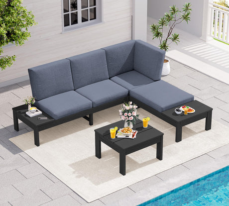 SERWALL HDPE Patio Furniture Set, All-Weather Outdoor Sofa Set, Seats 4, Patio Conversation Set, Modular Outdoor Sectional Furniture for Garden, Porch and Backyard, Black Frame with Grey Cushion SERWALL