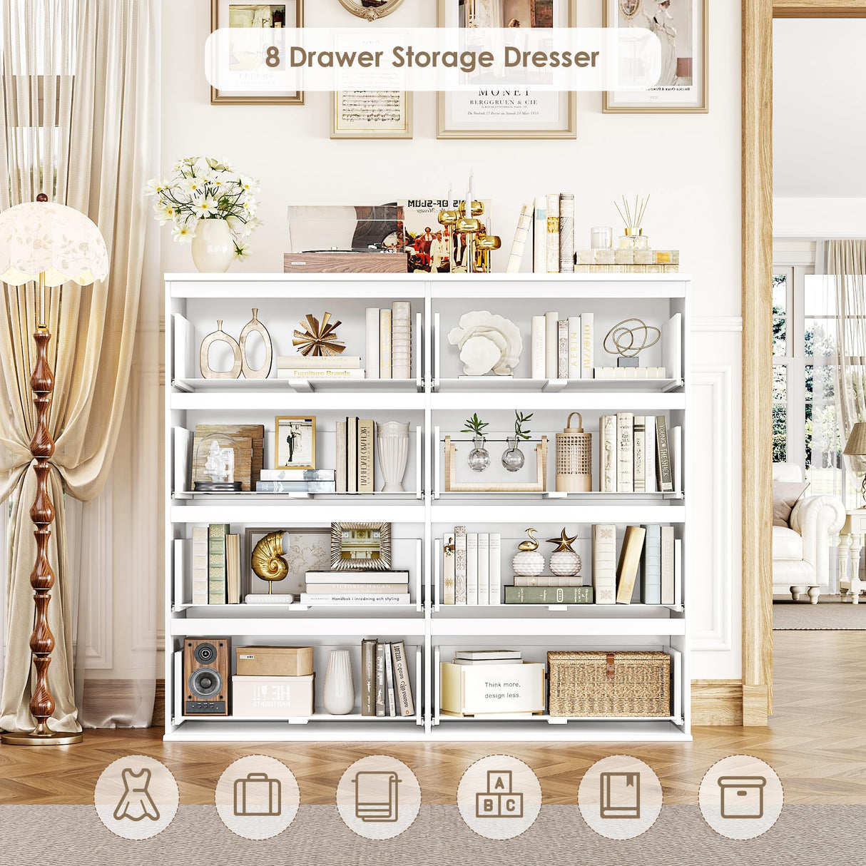FINETONES 8 Drawer Dresser for Bedroom, White Dresser Double Chest of Drawers, Modern Wood Dressers with Deep Drawers for Living Room,White FINETONES