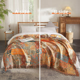Boho Throw Blanket for Bed 60”x80”, 100% Cotton Woven Blanket for Couch Sofa, Ultra Soft 4-Layer Muslin Quilt with Patchwork Floral Printed, Farmhouse Bed Blanket/Cover for Living Room Decor SE SOFTEXLY