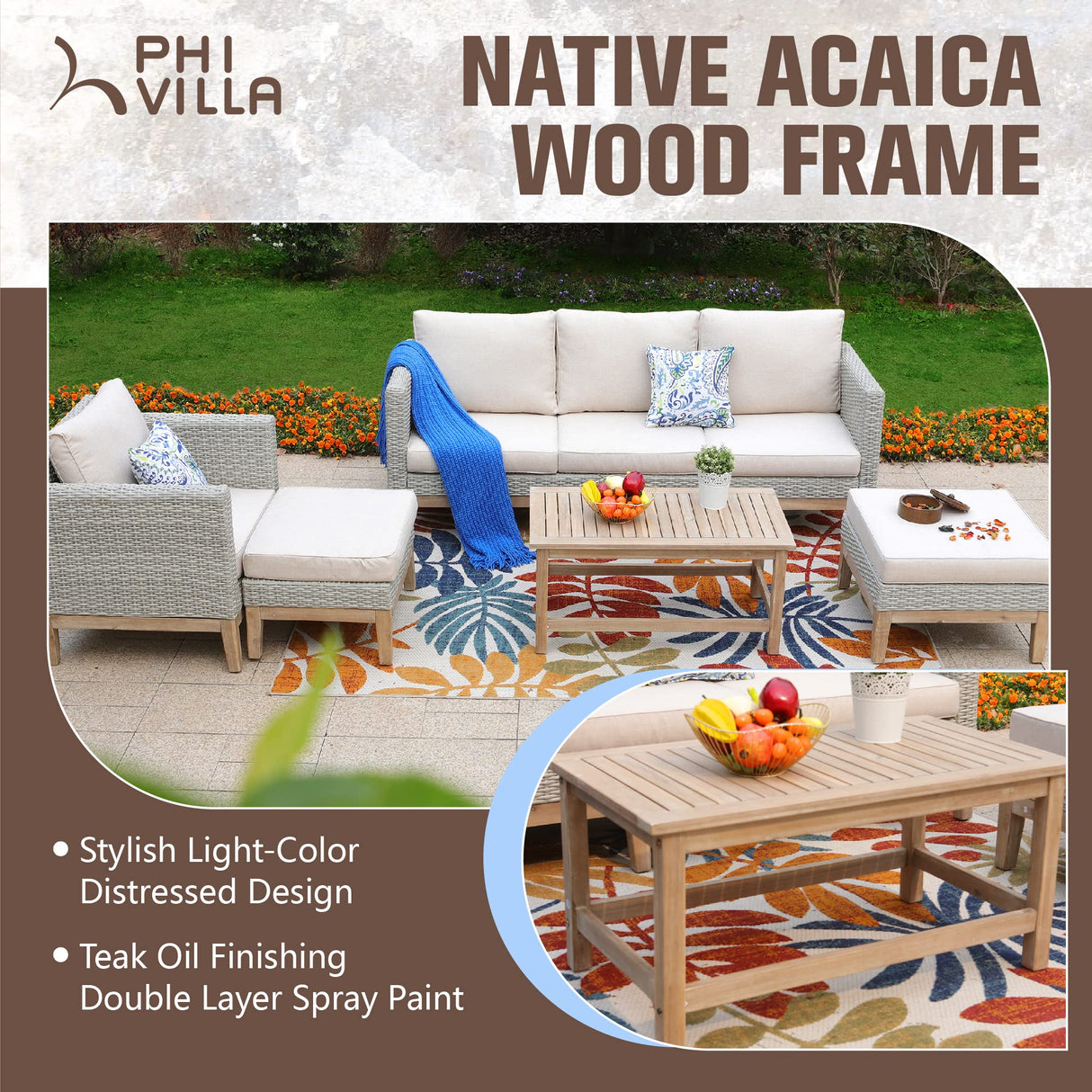 PHI VILLA 5-Piece Patio Wicker Furniture Set, Outdoor Sectional Rattan Cushion Sofa Couch Conversation Set with Ottoman, Acacia Wood Coffee Table for Poolside,Beige PHI VILLA