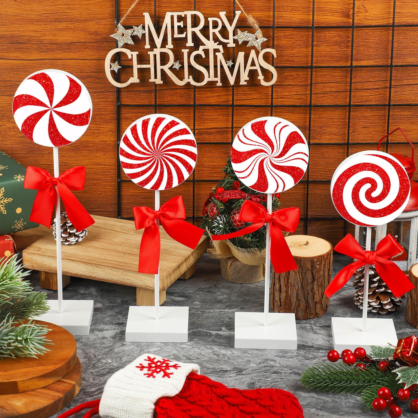 Christmas Wood Tabletop Decor Candy Standing Wooden Table Sign Red Christmas Tiered Tray Decor Rustic Christmas Candy Centerpieces for Xmas Holiday Party Home Kitchen Decor, 4 Pcs