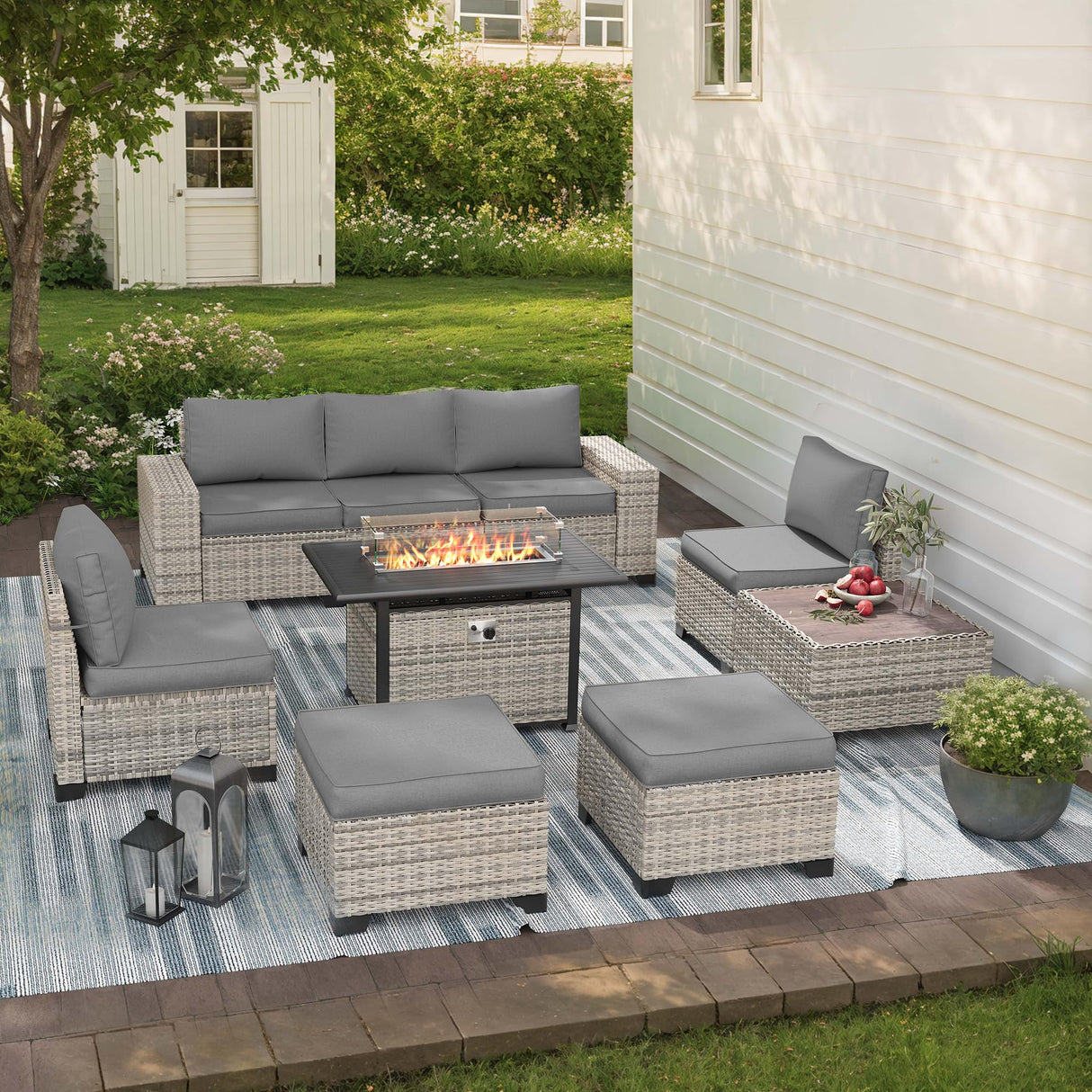 Muphyers 9-Piece Outdoor Patio Furniture Set with 55,000 BTU Fire Pit Table, PE Wicker Rattan Sectional Sofa Patio Conversation Set with Ottomans & Coffee Table, Grey Muphyers