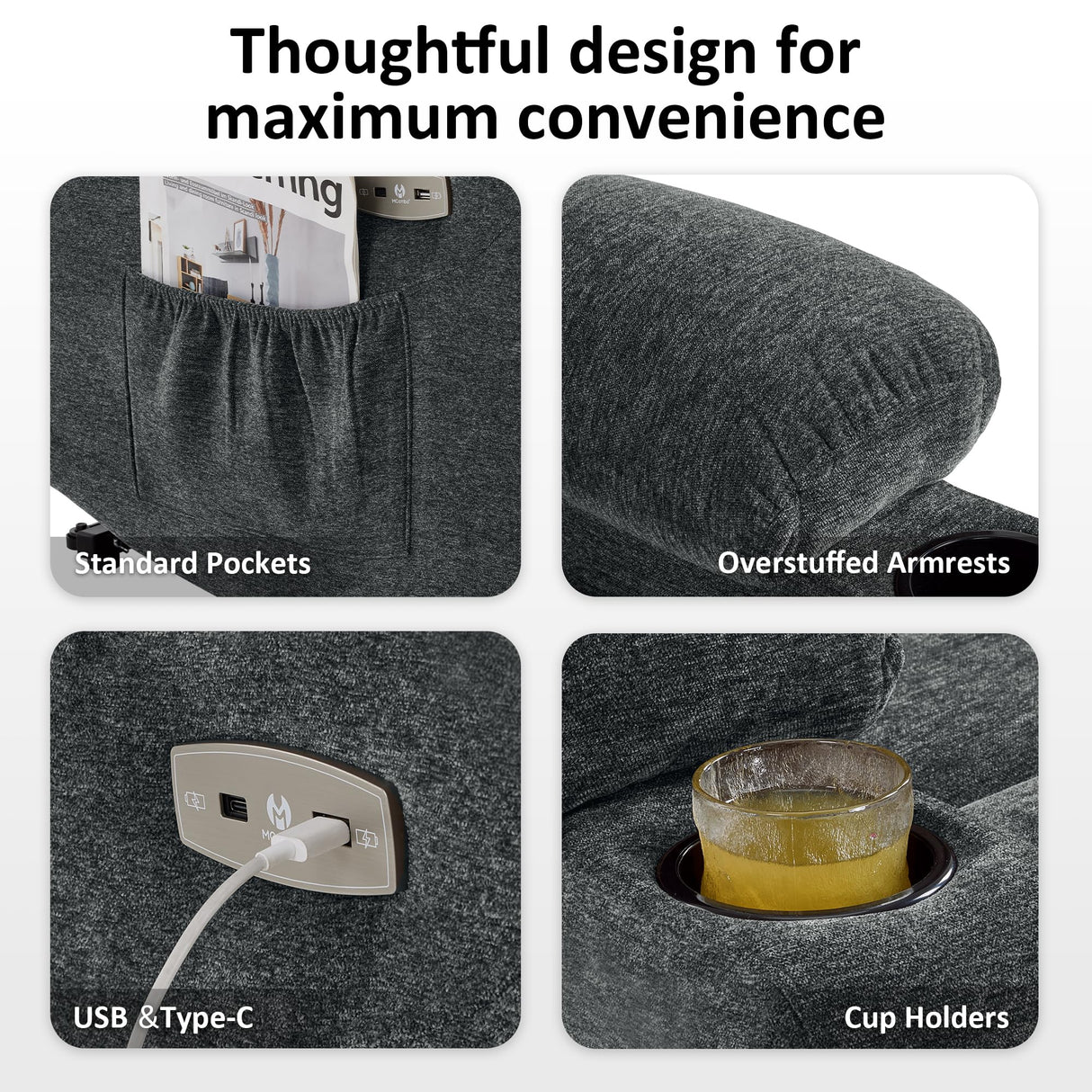 MCombo Oversized Power Lift Recliner Chair with Extended Footrest for Elderly People, Fabric R7399 (Dark Gray, Large-Oversize) MCombo