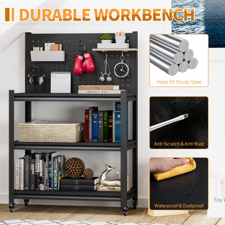 48.15" H Adjustable Workbench with Pegboard,3-Tier Heavy Duty Work Table with Wheels,Black Rolling Workshop Bench,Mobile Garage Workstation, Metal Tool Bench for Garage Warehouse Workshop Firstsky