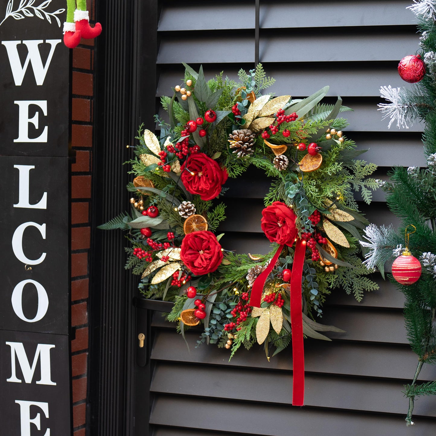 Pinkpuii Pre-lit Christmas Wreath with Lights,24 Inch Outdoor Christmas Wreaths for Front Door,Green Eucalyptus Olive Leaves Winter Door Wreath with Pinecones,Red Flower-Lighted Xmas Holiday Wreath