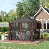 Outsunny 10' x 10' Hardtop Gazebo with Curtains and Netting, Permanent Pavilion Metal Single Roof Gazebo Canopy with Aluminum Frame and Hooks, for Garden, Patio, Backyard, Dark Brown Outsunny