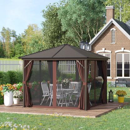 Outsunny 10' x 10' Hardtop Gazebo with Curtains and Netting, Permanent Pavilion Metal Single Roof Gazebo Canopy with Aluminum Frame and Hooks, for Garden, Patio, Backyard, Dark Brown