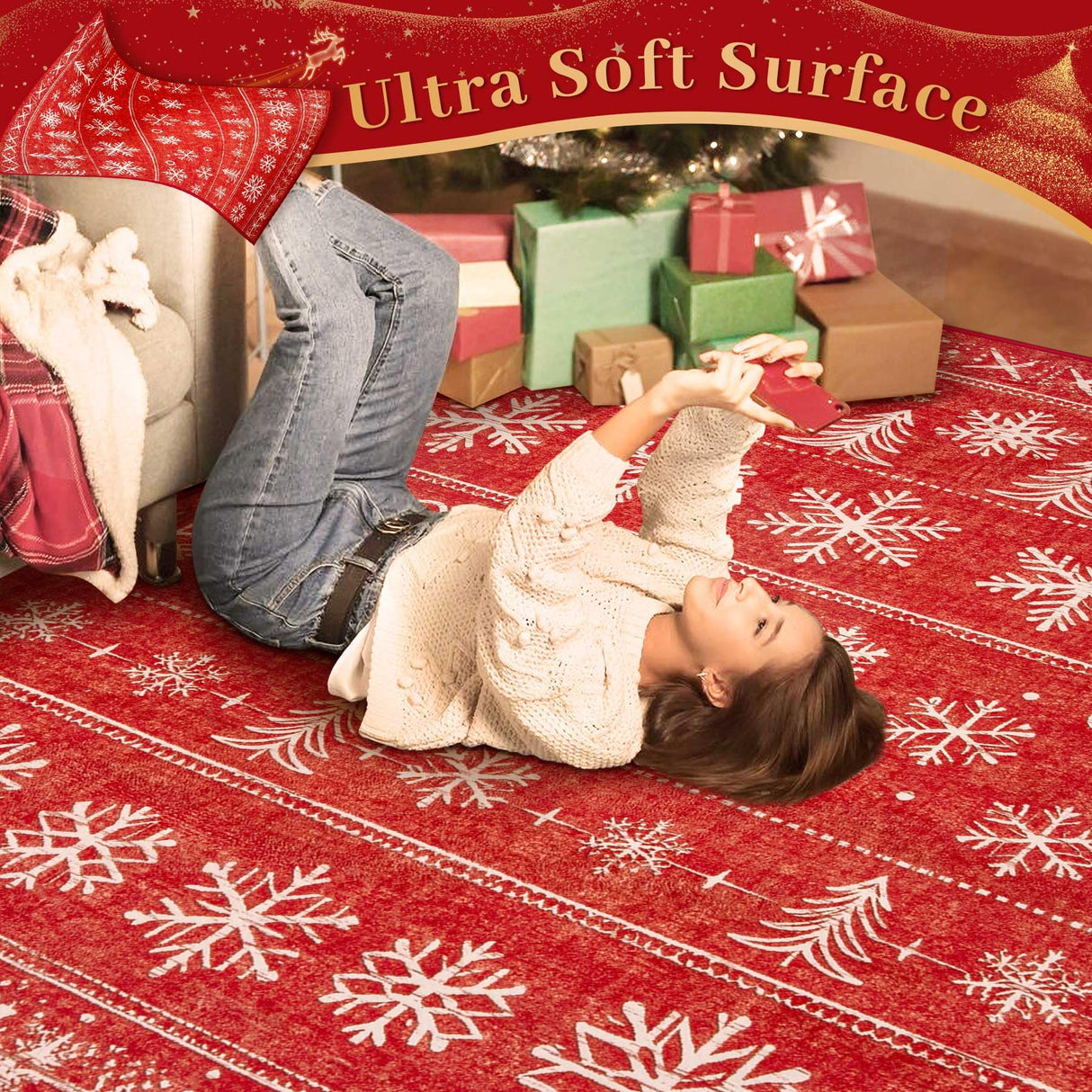 Christmas Area Rug 6x9 Rugs: Washable Living Room Rug Xmas Holiday Decor Rugs Snowflake Low Pile Boho Rug Indoor Floor Carpet for Bedroom Kitchen Dining Room Home(Xmas Red, 6'x9') Zomfy