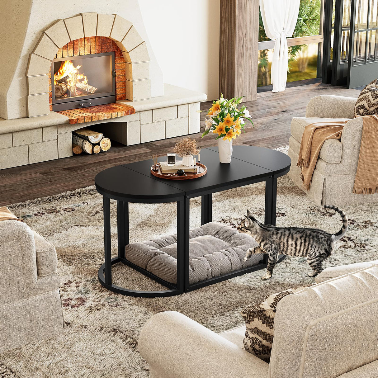 GreenForest Coffee Table Oval 3pcs Set, Modern Living Room Table with 2 End Tables, Small Center Table with Metal Frame for Home Apartment, Black GreenForest