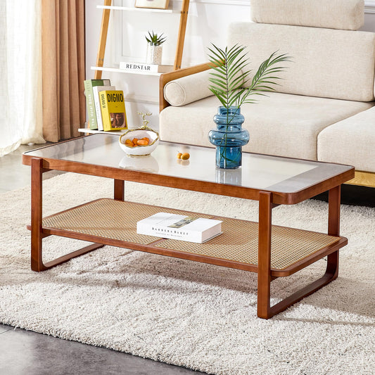 Ganooly Mid Century Modern Coffee Table with Ribbed Glass Top and PE Rattan Storage Shelf, 45 Inch Rectangular Solid Wood Boho Coffe Table, Unique Center Table for Livinig Room Apartment Smal - WoodArtSupply