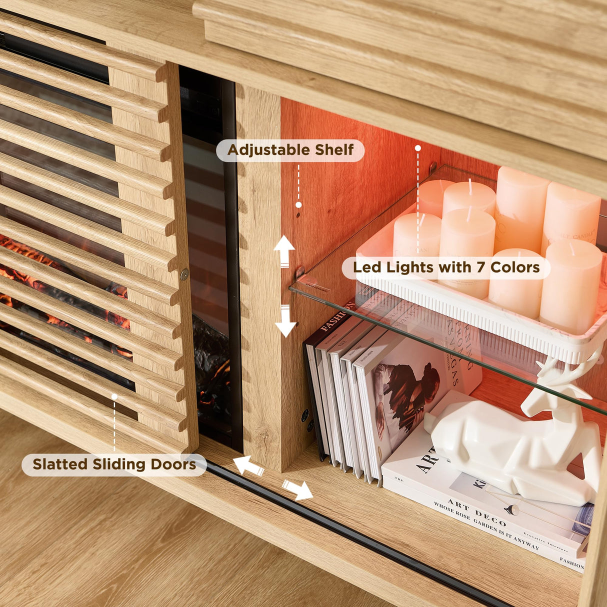 RedLemon Fireplace TV Stand for 80 Inch TV, Mid Century Modern Entertainment Center with 36" Electric Fireplace & Led Lights, Wood Media Console w/Slatted Sliding Doors for Living Room, Natural Oak RedLemon