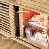 RedLemon Fireplace TV Stand for 80 Inch TV, Mid Century Modern Entertainment Center with 36" Electric Fireplace & Led Lights, Wood Media Console w/Slatted Sliding Doors for Living Room, Natural Oak RedLemon