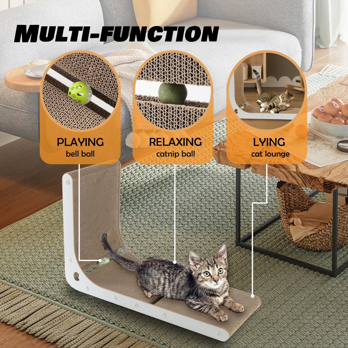 SMARTBEAN Cardboard Cat Scratcher, Vertical Cat Scratching Board, 23.6 Inch L-Shape Cat Scratch Pads with Built-in Catnip Toy Balls, Wall-Mount Cat Scratchers for Indoor Cats SMARTBEAN