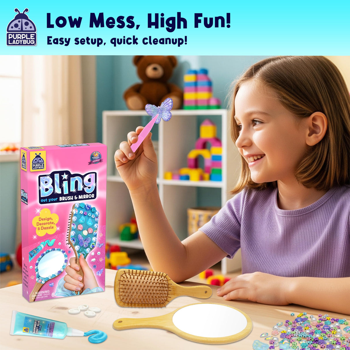 PURPLE LADYBUG Decorate Your Own Wooden Mirror & Brush Set - DIY Craft Kit for Girls Ages 4-8 8-12 with Glitter Glue, Beads, Gems, Butterflies, Ribbons - Birthday Gift for Girls 4 5 6 7 8 9 10 11 12 PURPLE LADYBUG